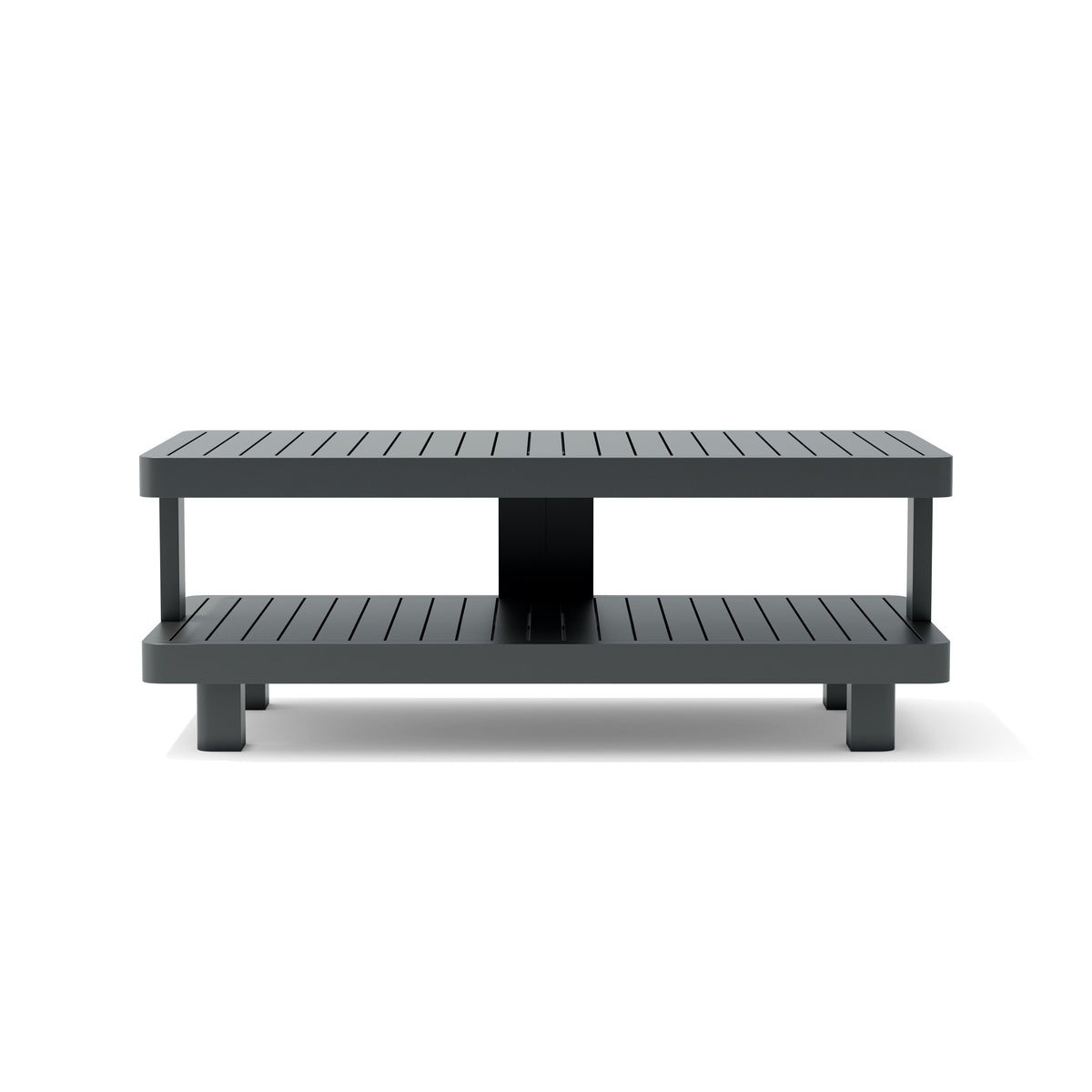 Black outdoor coffee table with two levels on a white background