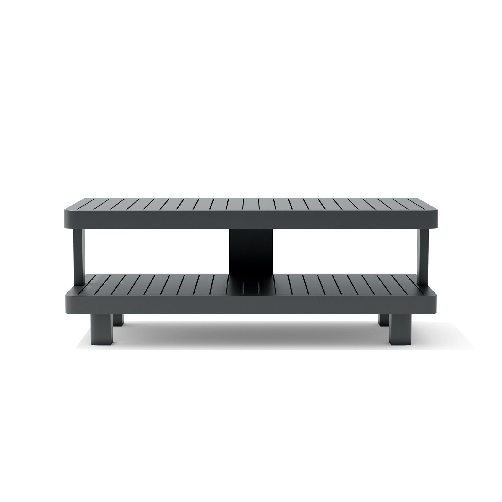 Black outdoor coffee table with two levels on a white background