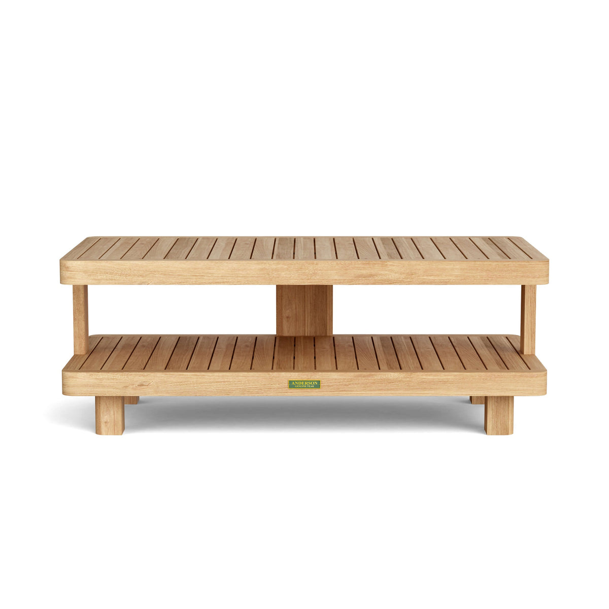 Wooden coffee table with a shelf on a white background
