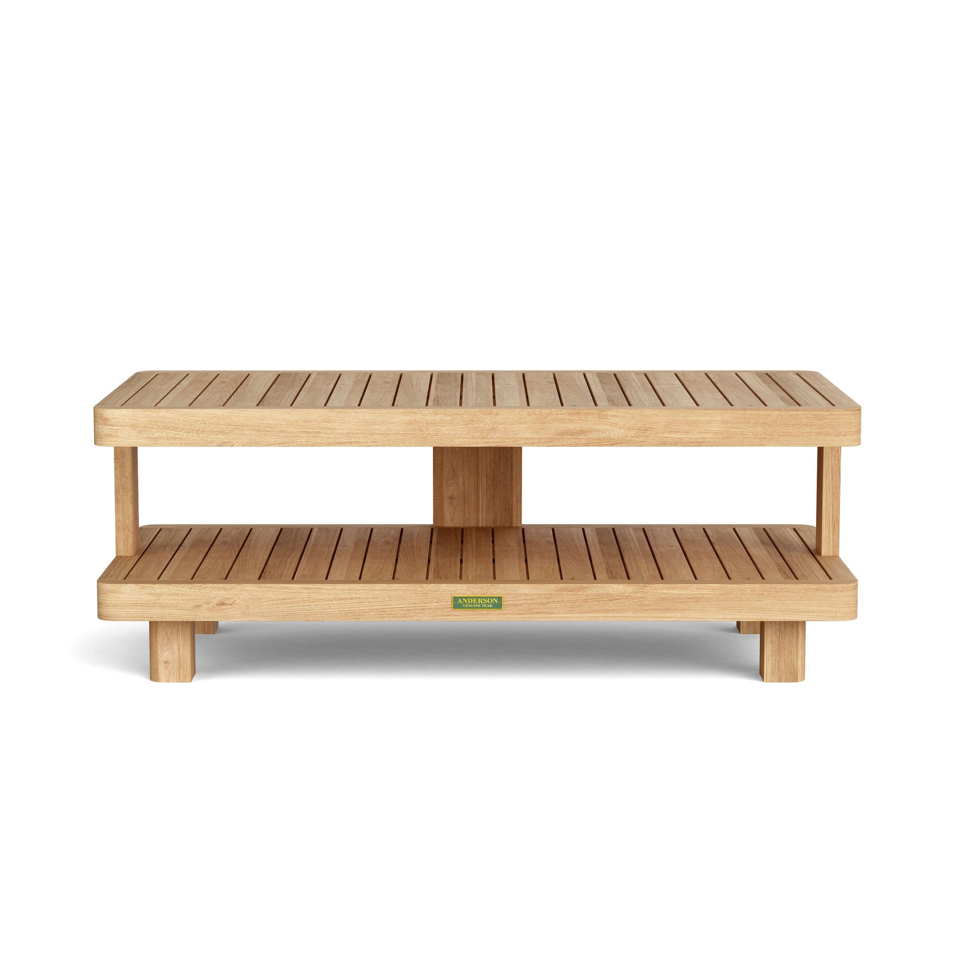 Wooden coffee table with a shelf on a white background