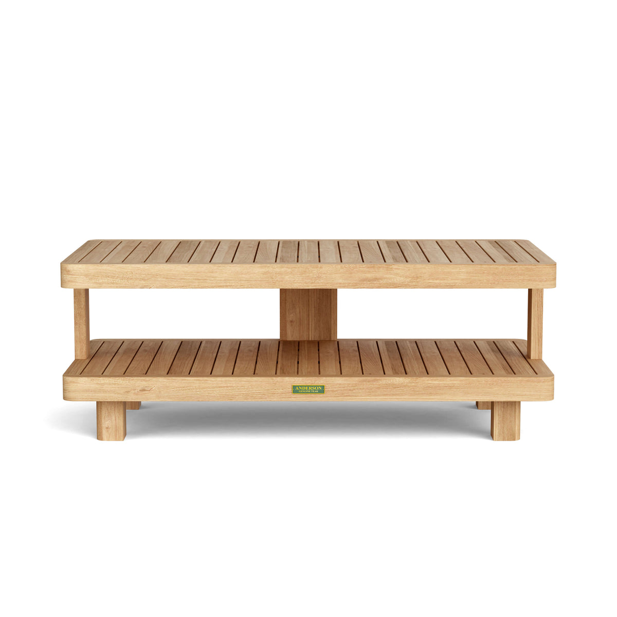 Wooden coffee table with a shelf on a white background