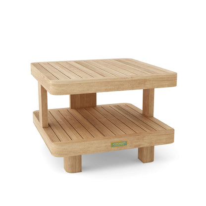 Wooden outdoor table with a brand label on a white background