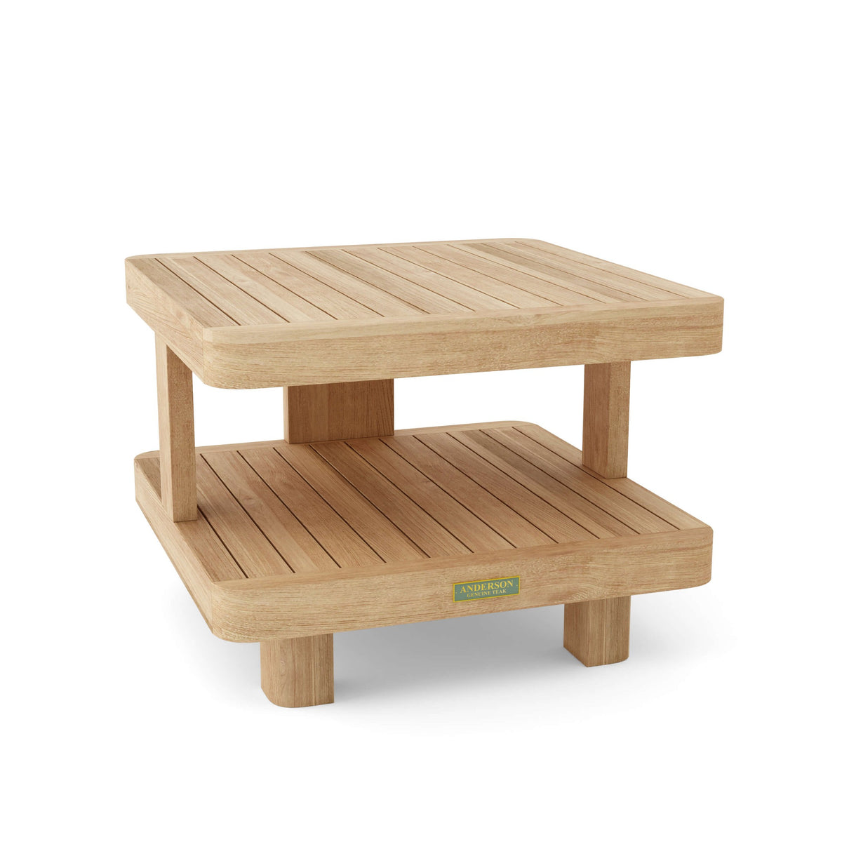Wooden outdoor table with a brand label on a white background