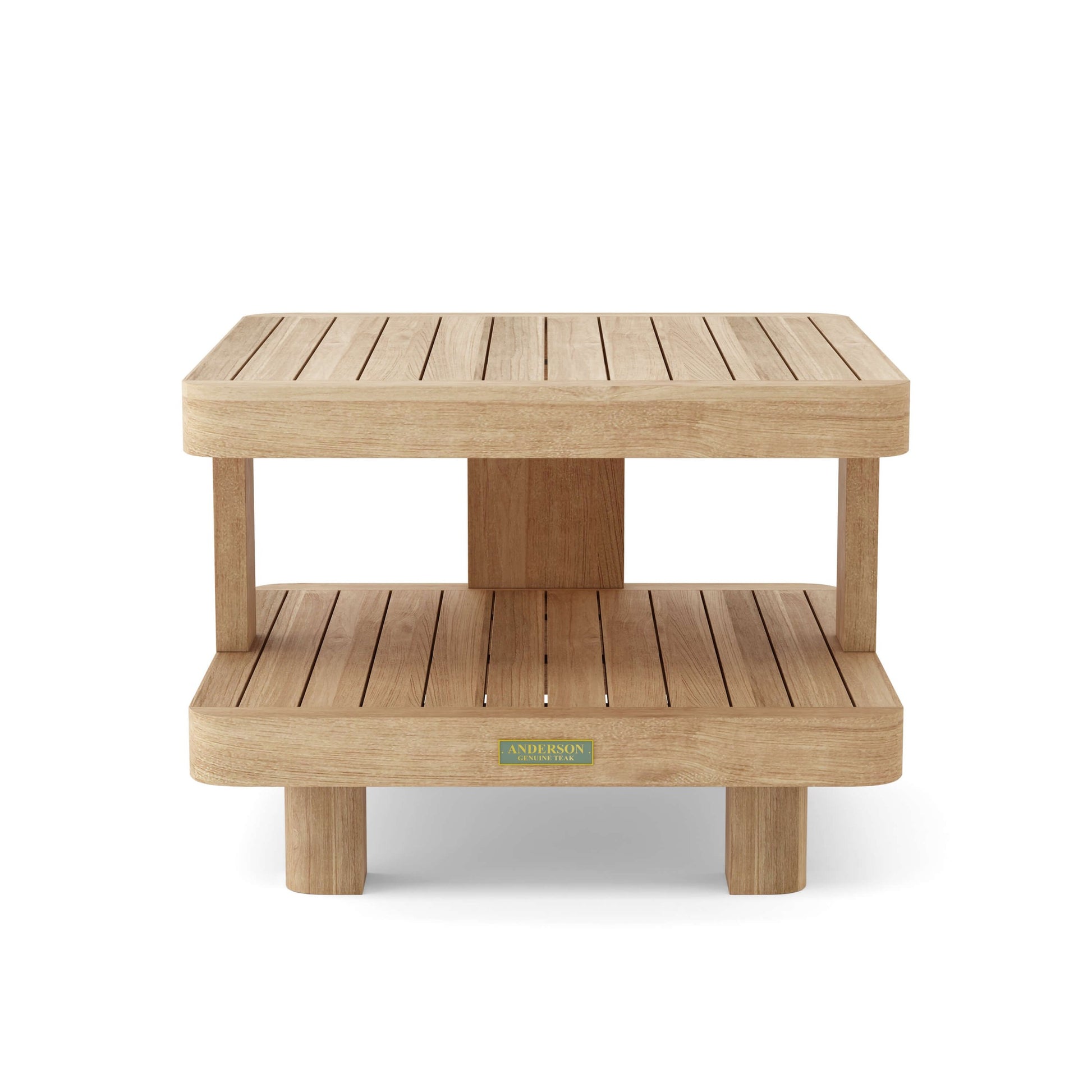 Wooden side table with a brand label on a white background