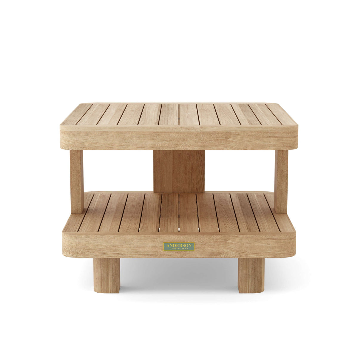 Wooden side table with a brand label on a white background