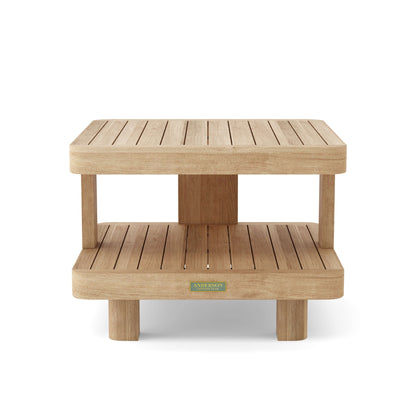 Wooden side table with a brand label on a white background