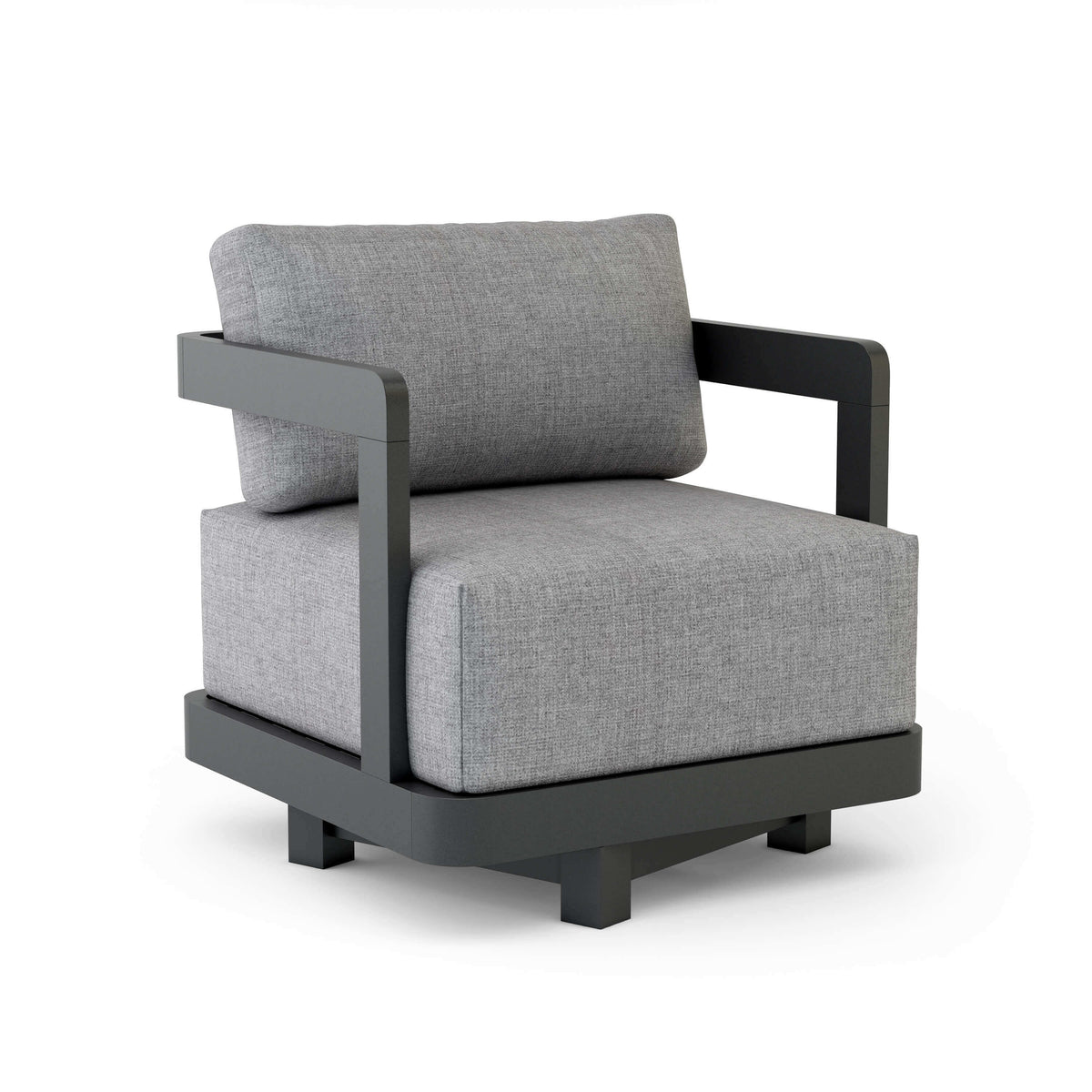 Gray cushioned armchair with black frame on a white background