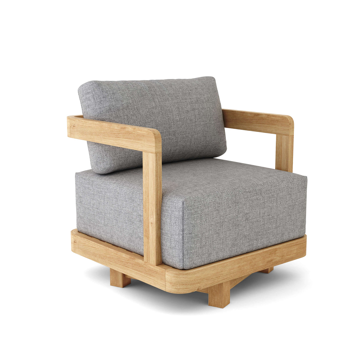 Gray cushioned armchair with wooden frame on a white background