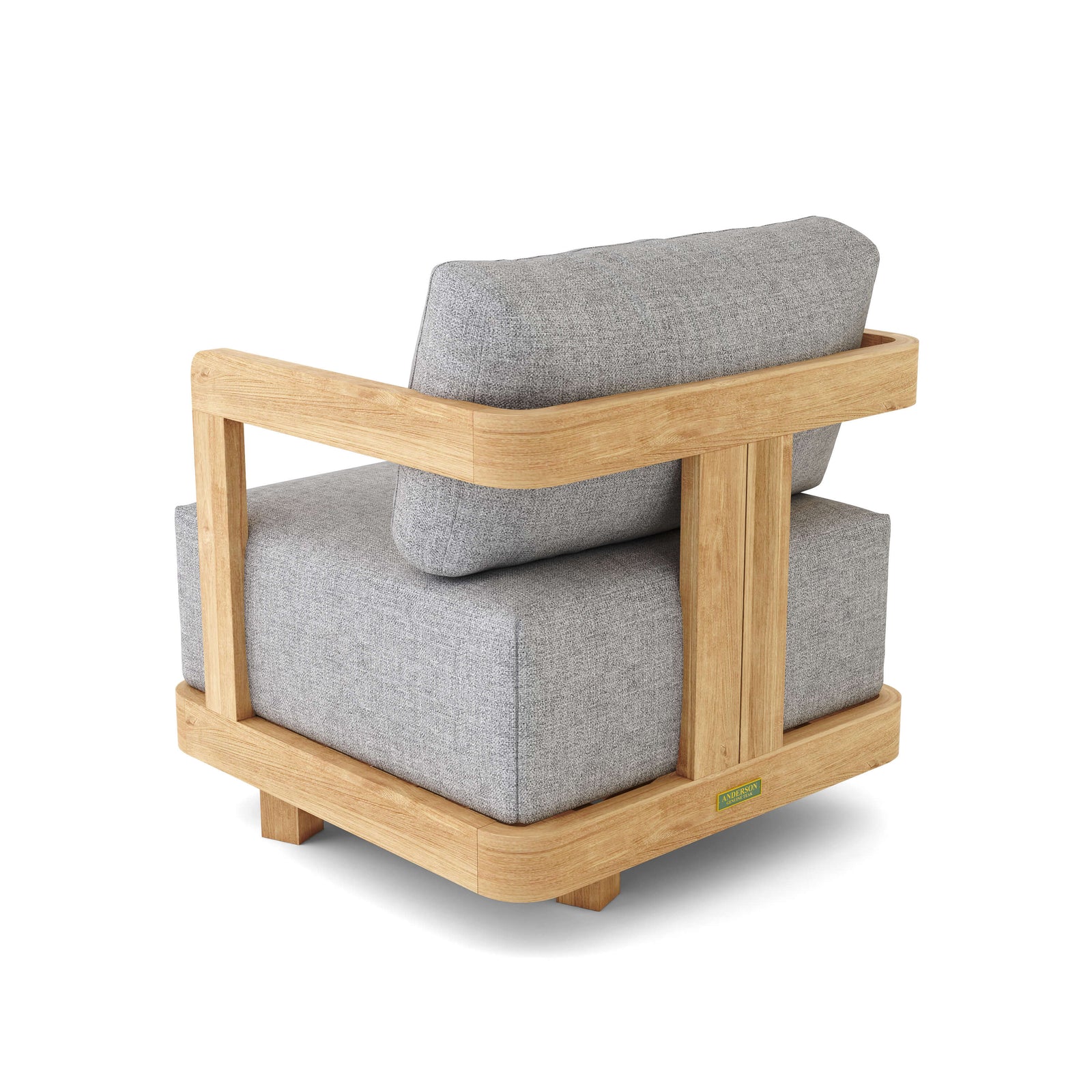 Chair with wooden frame and gray cushions on a white background