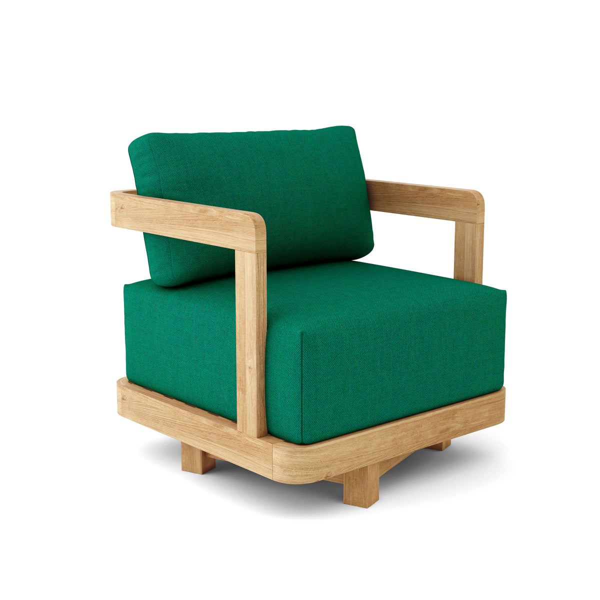 Green cushioned chair with wooden frame on a white background