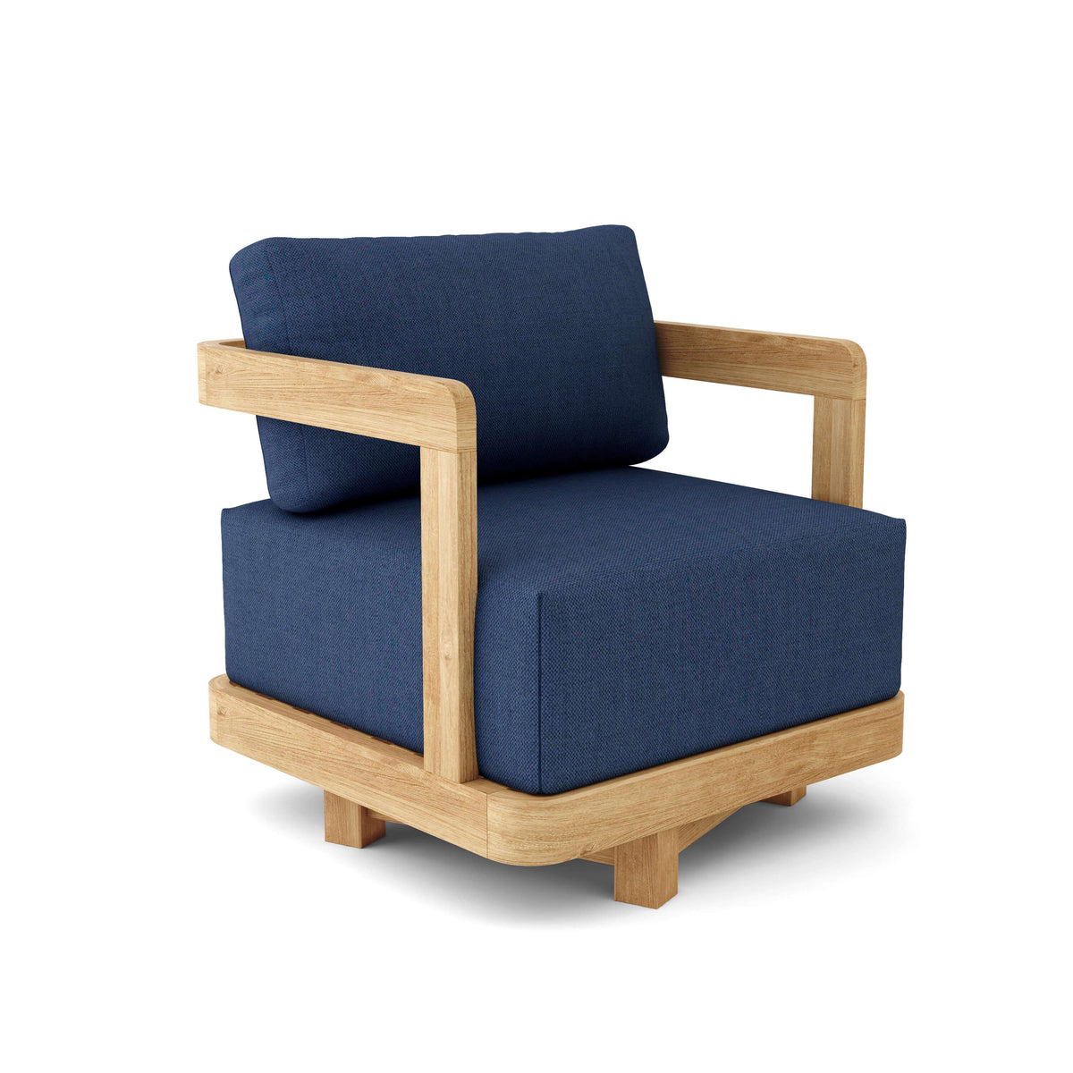 Blue cushioned chair with wooden frame on a white background
