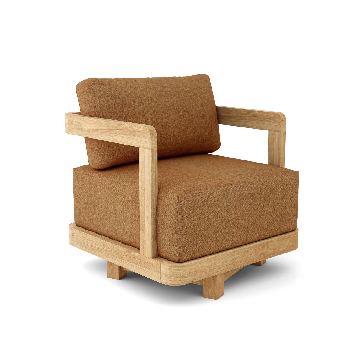 Brown cushioned chair with wooden frame on a white background