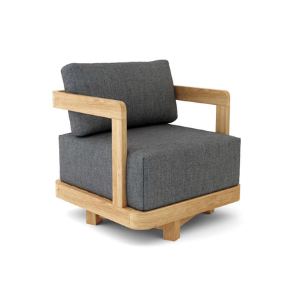Gray cushioned armchair with wooden frame on a white background