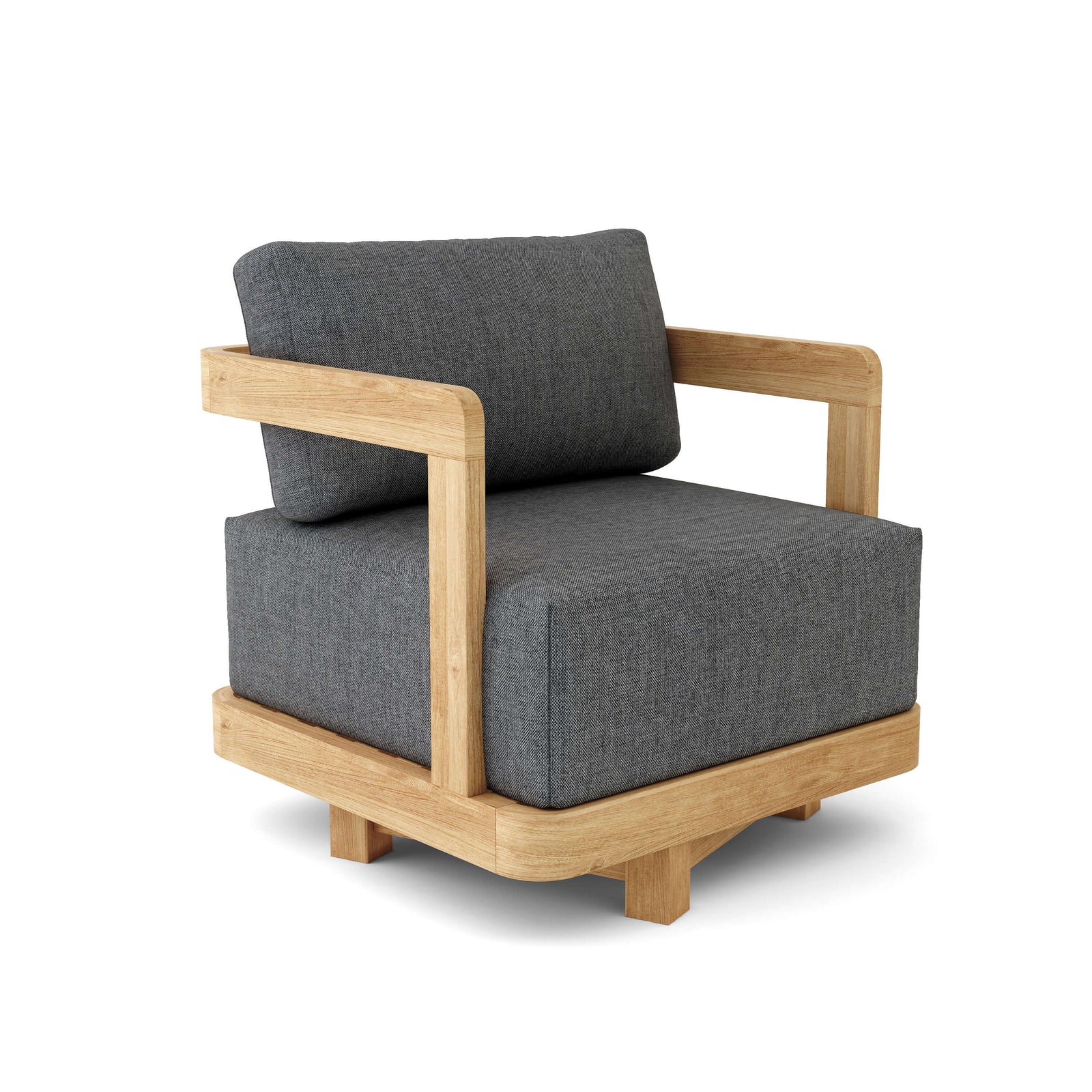 Gray cushioned armchair with wooden frame on a white background
