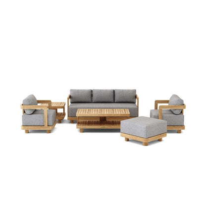 Outdoor furniture set with gray cushions and wooden frames on a white background