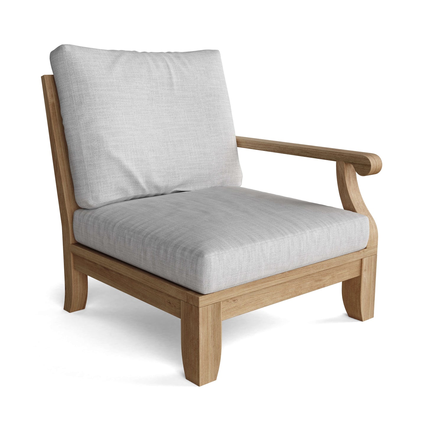 Wooden armchair with light gray cushions on a white background
