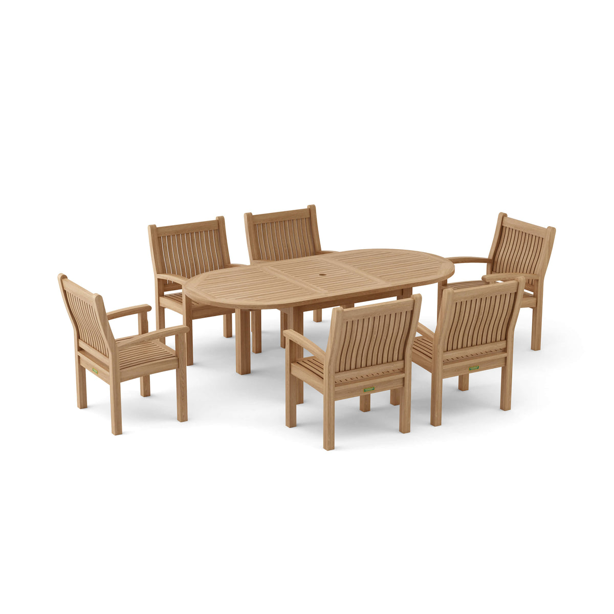 Wooden outdoor dining set with a table and six chairs on a white background