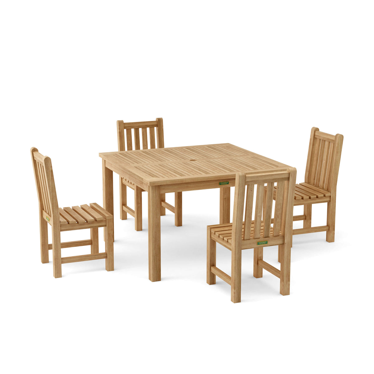 Wooden dining set with a table and four chairs on a white background