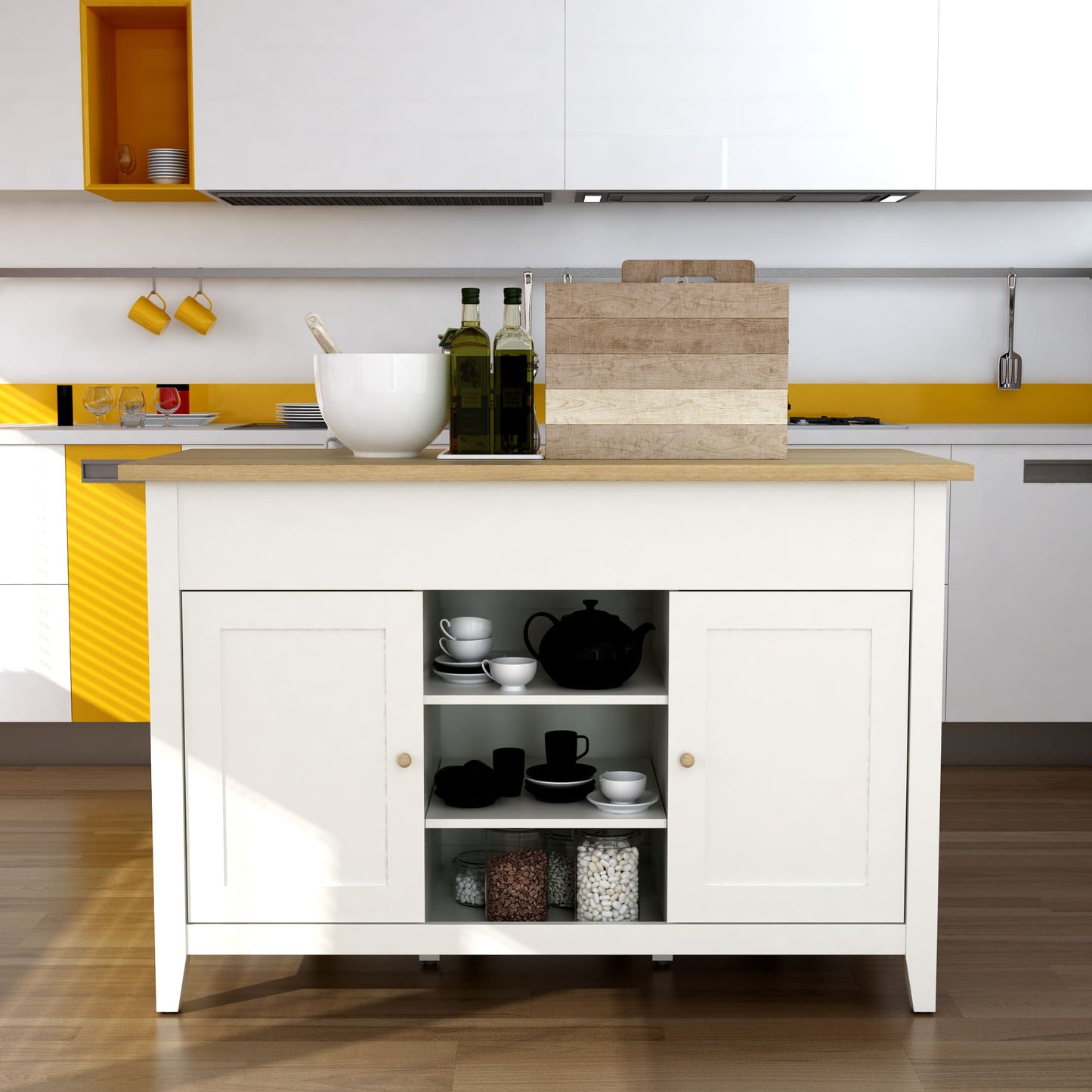 Modern kitchen with white island and yellow accents