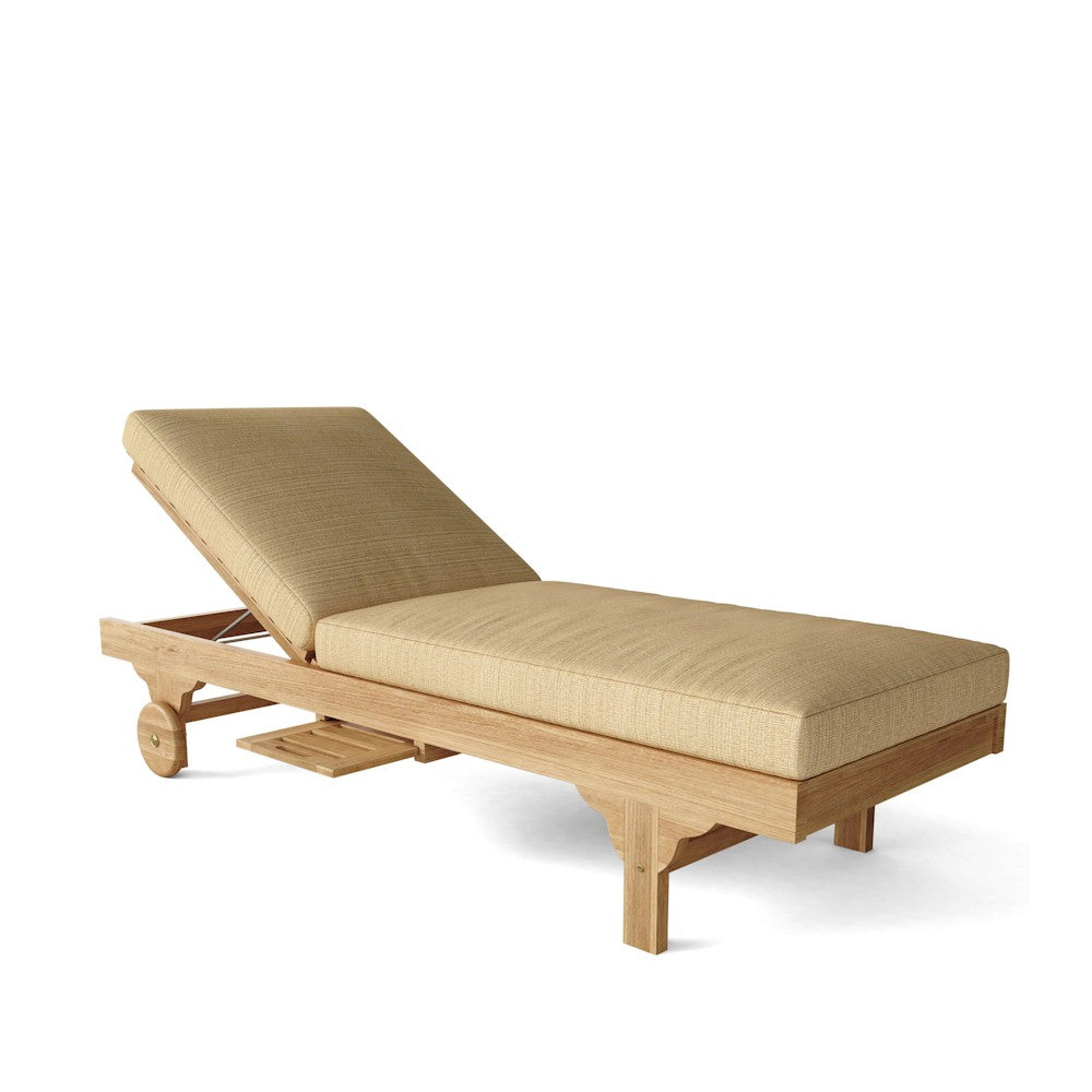 Beige lounge chair with wooden frame on a white background