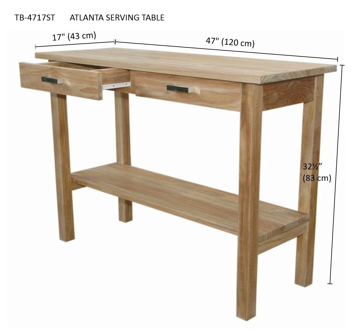 Wooden serving table with dimensions on a white background