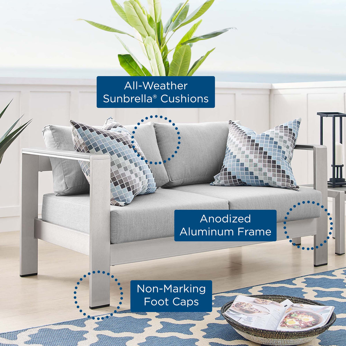 Shore Sunbrella® Fabric Aluminum Outdoor Patio Loveseat by Modway