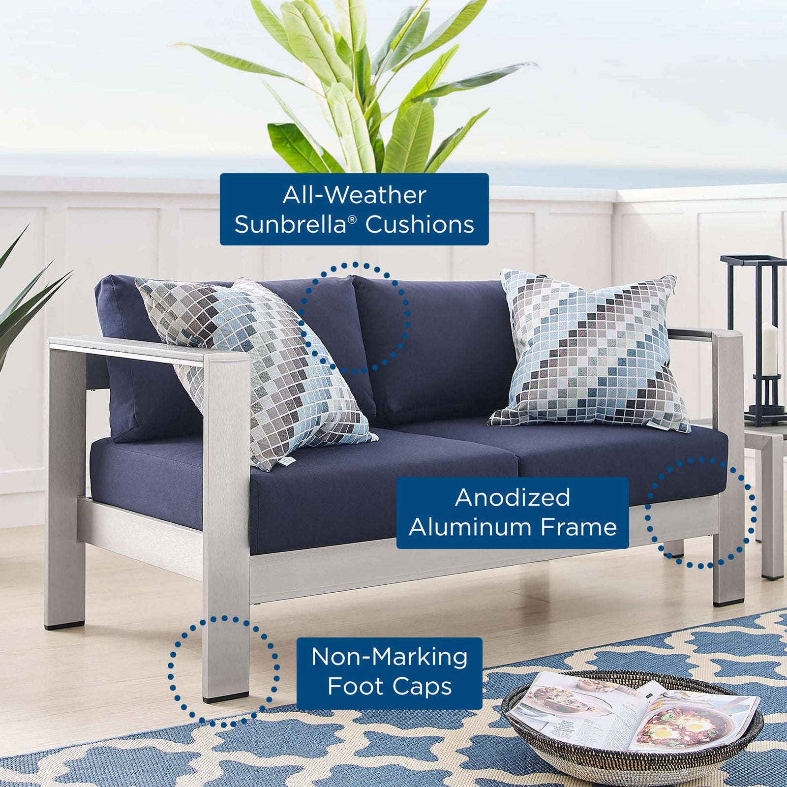 Shore Sunbrella® Fabric Aluminum Outdoor Patio Loveseat by Modway