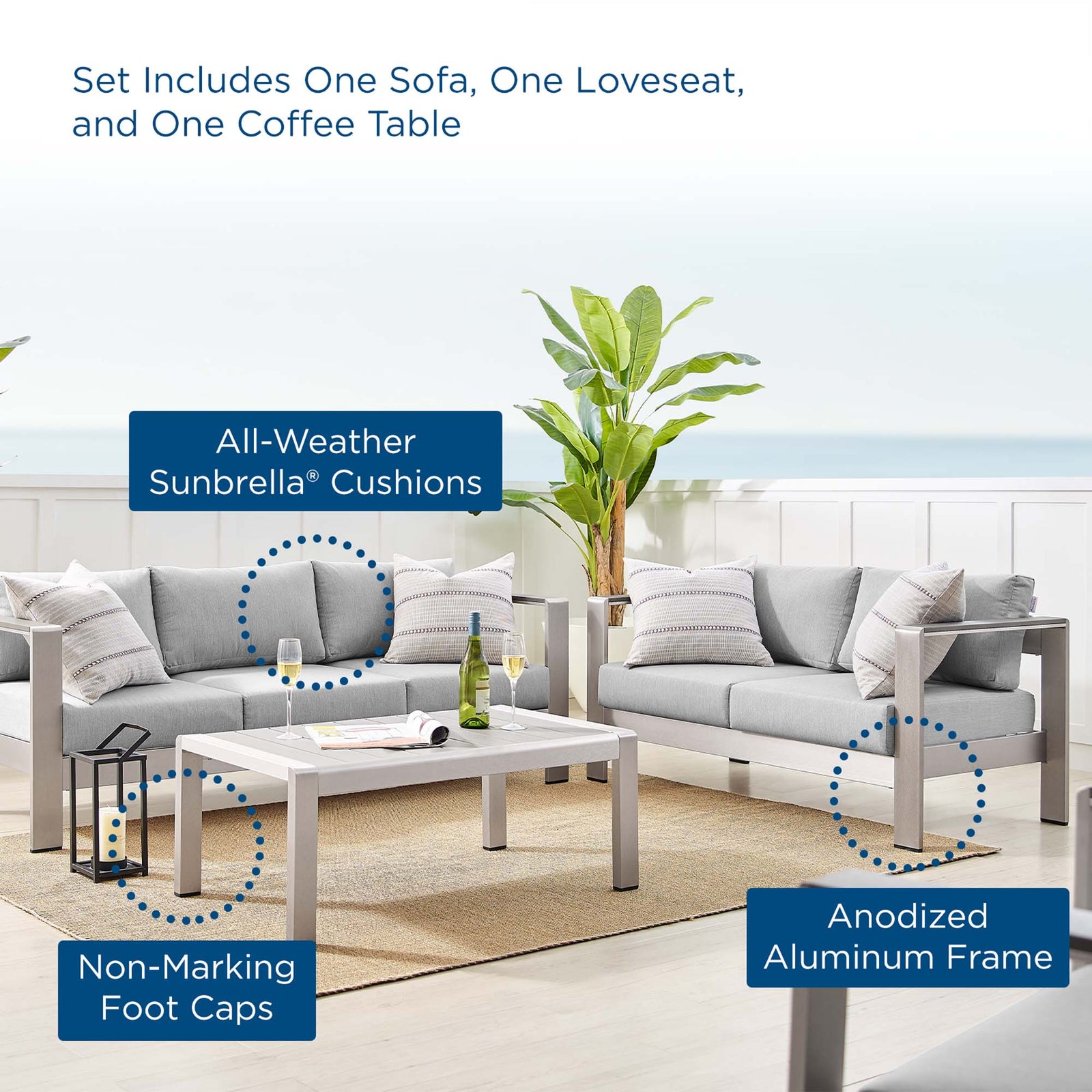 Shore 3 Piece Sunbrella® Fabric Outdoor Patio Aluminum Set by Modway
