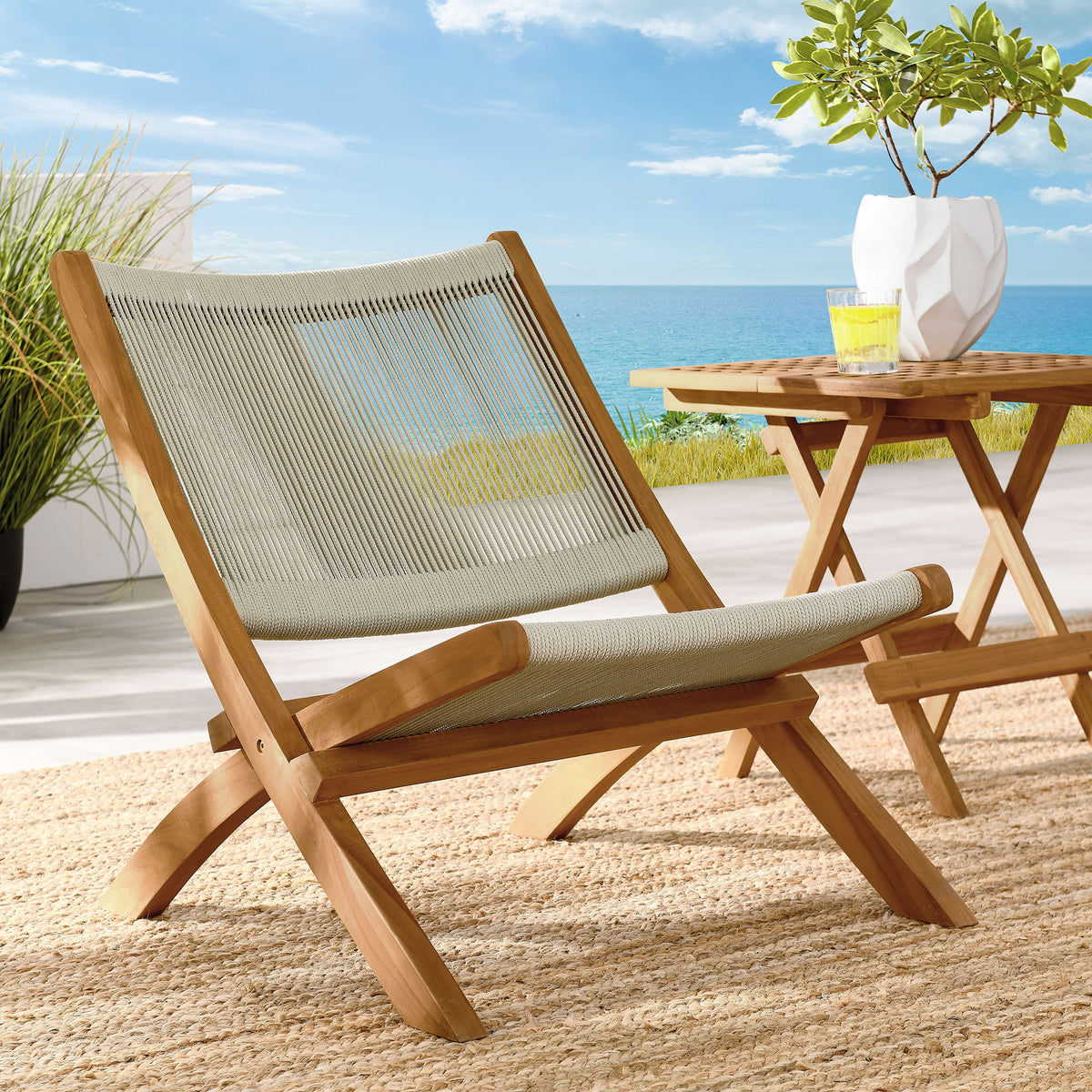 Vienna Outdoor Patio Teak and Rope Folding Accent Lounge Chair by Modway