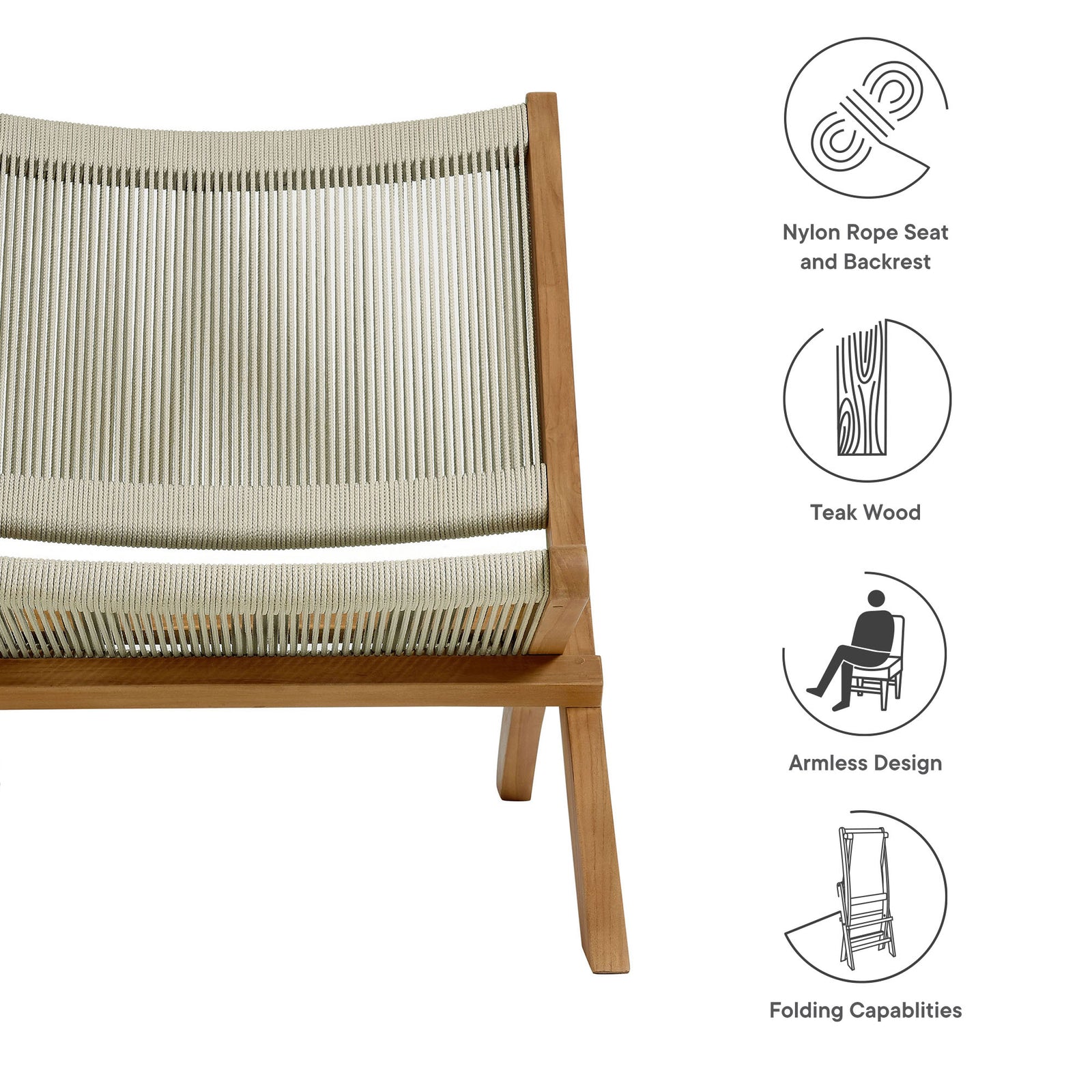 Vienna Outdoor Patio Teak and Rope Folding Accent Lounge Chair by Modway