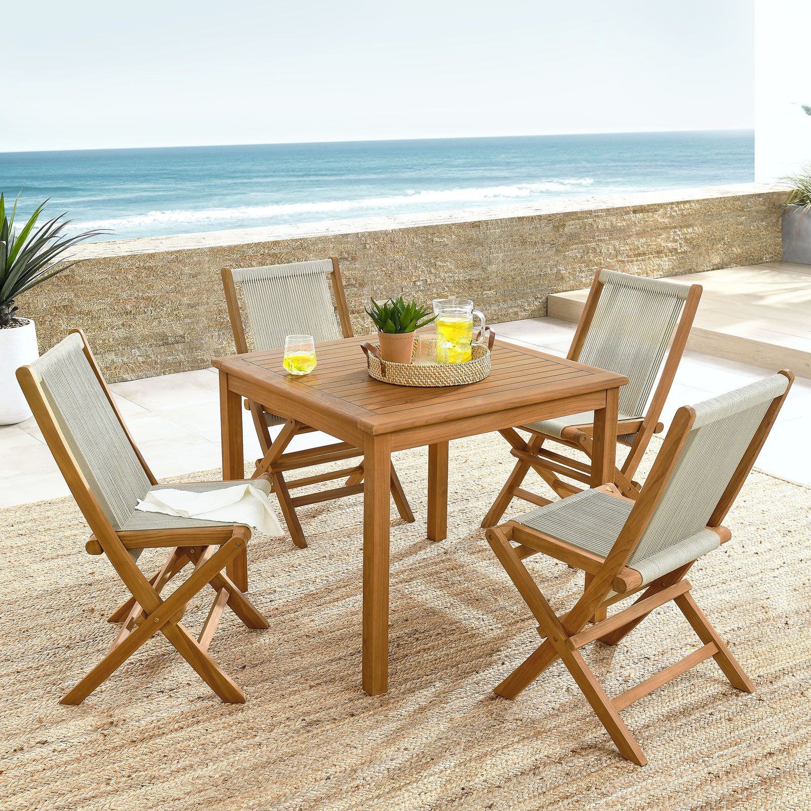 Vienna 5-Piece Outdoor Patio Teak Wood Dining Set with Rope Folding Chairs by Modway
