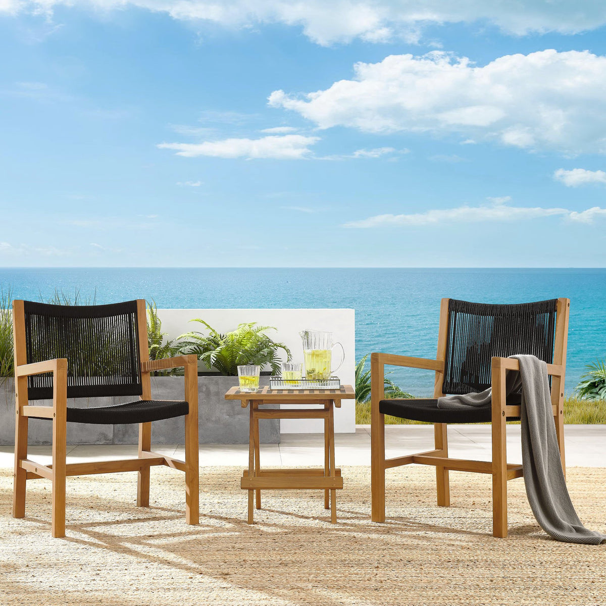 Vienna 3-Piece Outdoor Patio Teak and Rope Armchairs with Folding Side Table by Modway