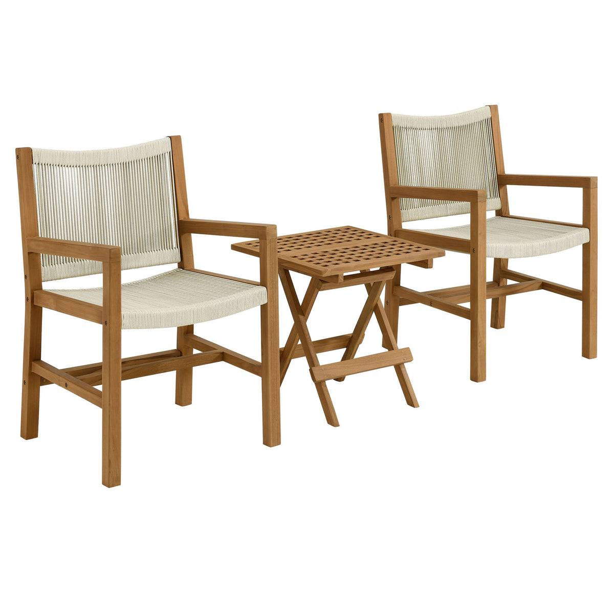 Vienna 3-Piece Outdoor Patio Teak and Rope Armchairs with Folding Side Table by Modway