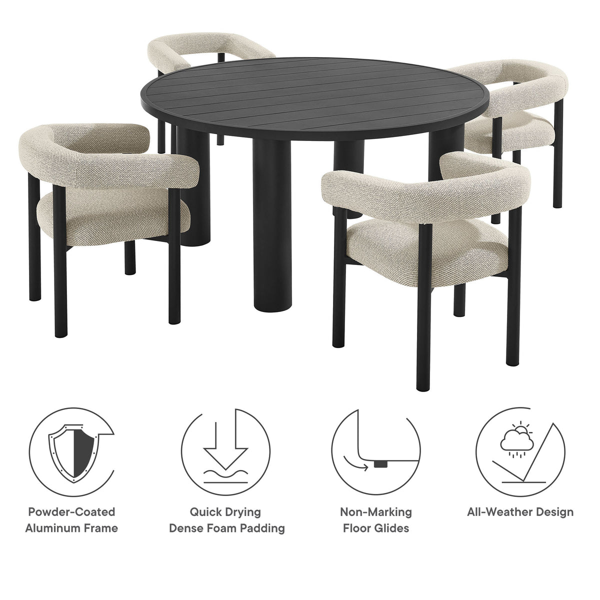 Nautica 5-Piece Round Outdoor Patio Aluminum Dining Table and Chairs Set by Modway