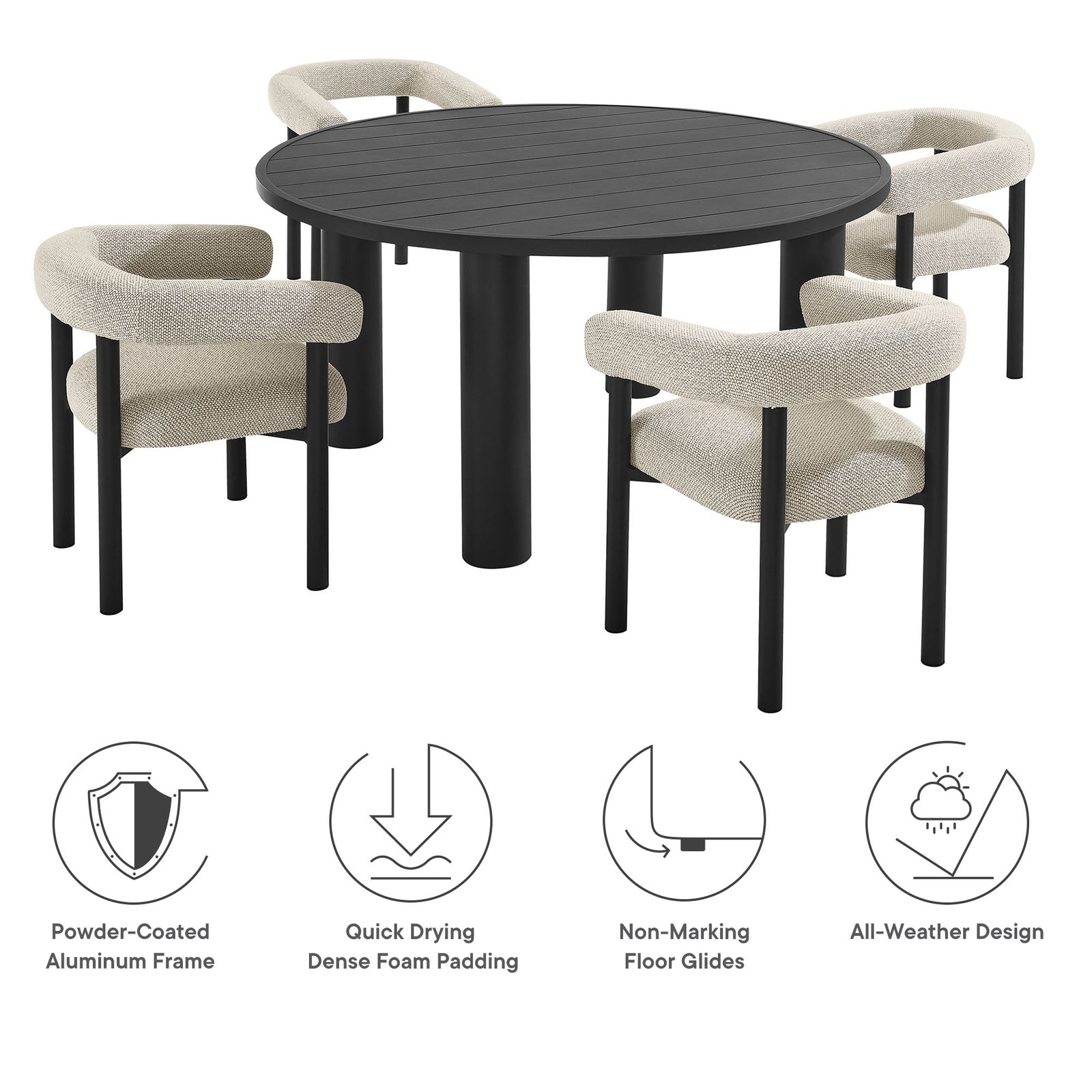 Nautica 5-Piece Round Outdoor Patio Aluminum Dining Table and Chairs Set by Modway