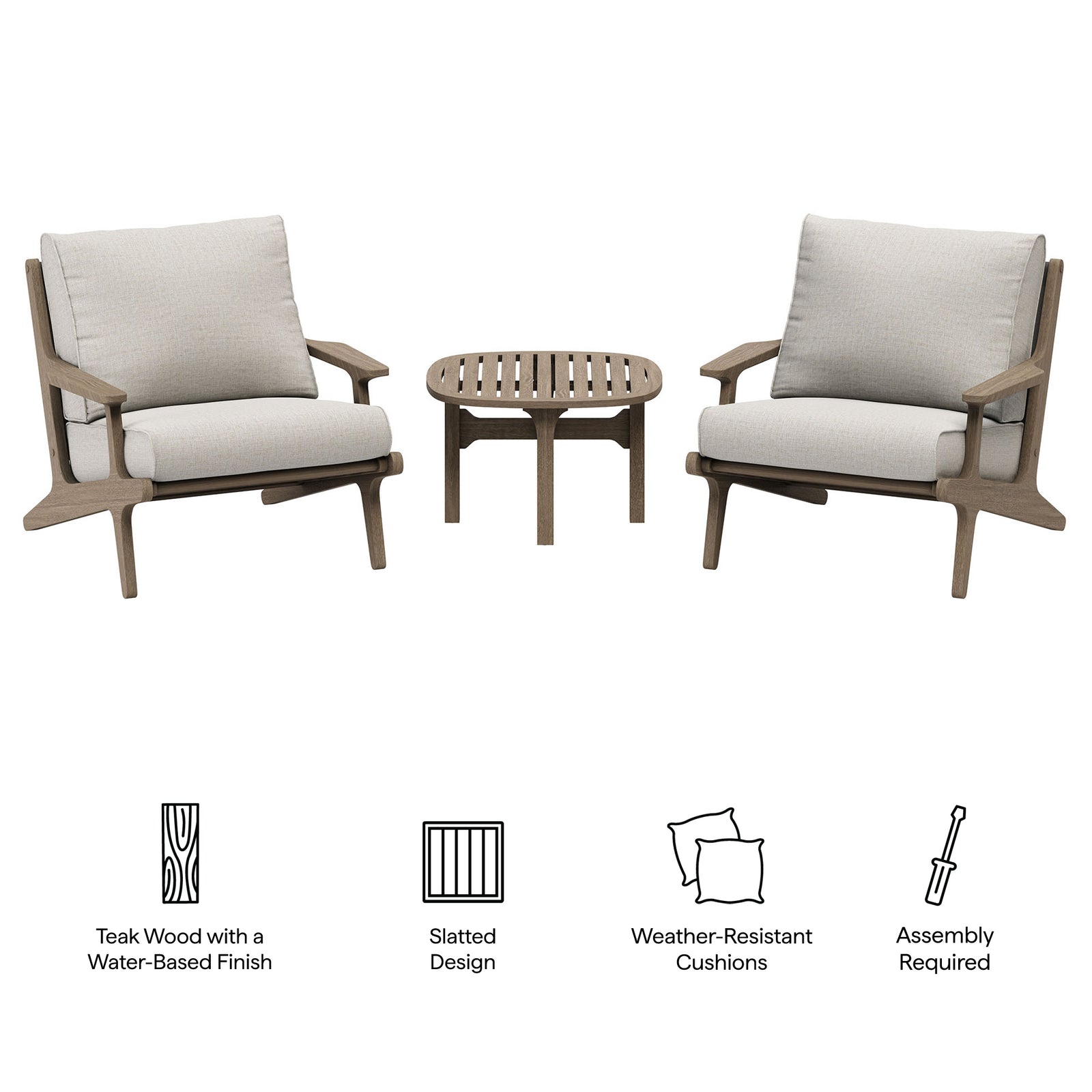 Saratoga 3-Piece Outdoor Patio Teak Wood Furniture Set with Lounge Chairs and Side Table by Modway