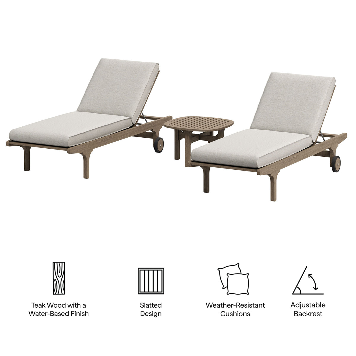 Saratoga Outdoor Patio Teak Wood 3-Piece Chaise Lounge Furniture Set by Modway