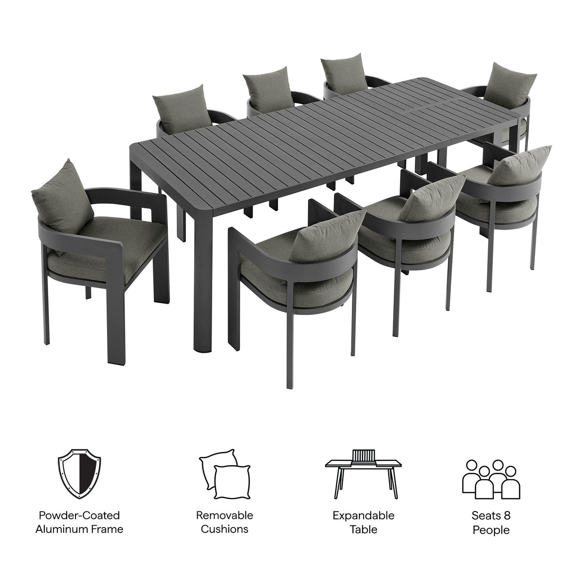 Tahoe 9-Piece Outdoor Patio Aluminum Dining Set With Extendable Table by Modway