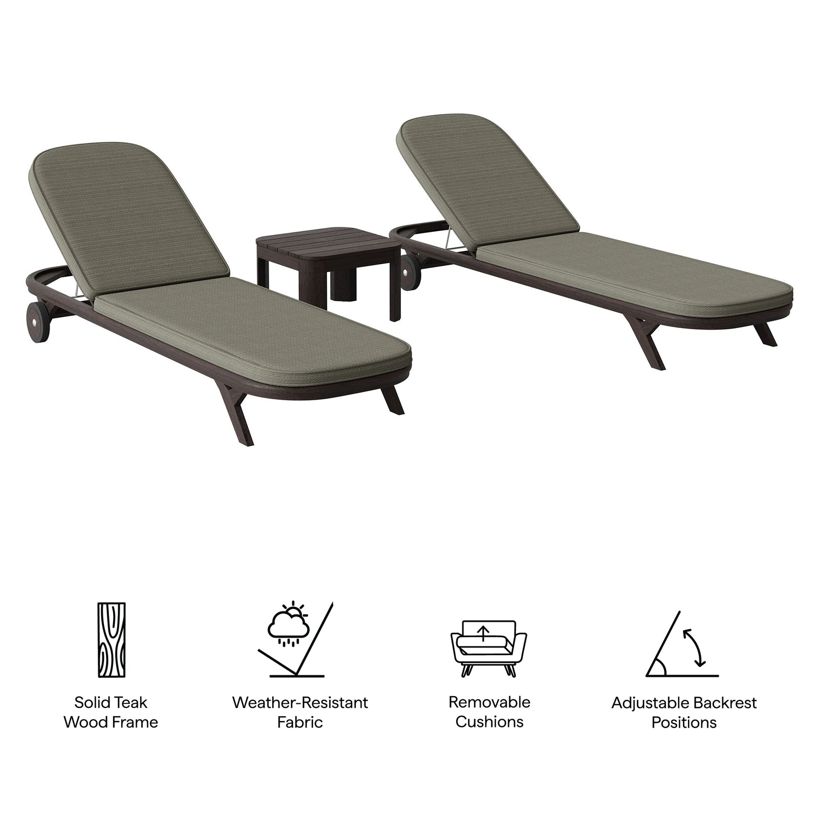 Kona 3-Piece Outdoor Patio Teak Wood Chaise Lounge Set by Modway