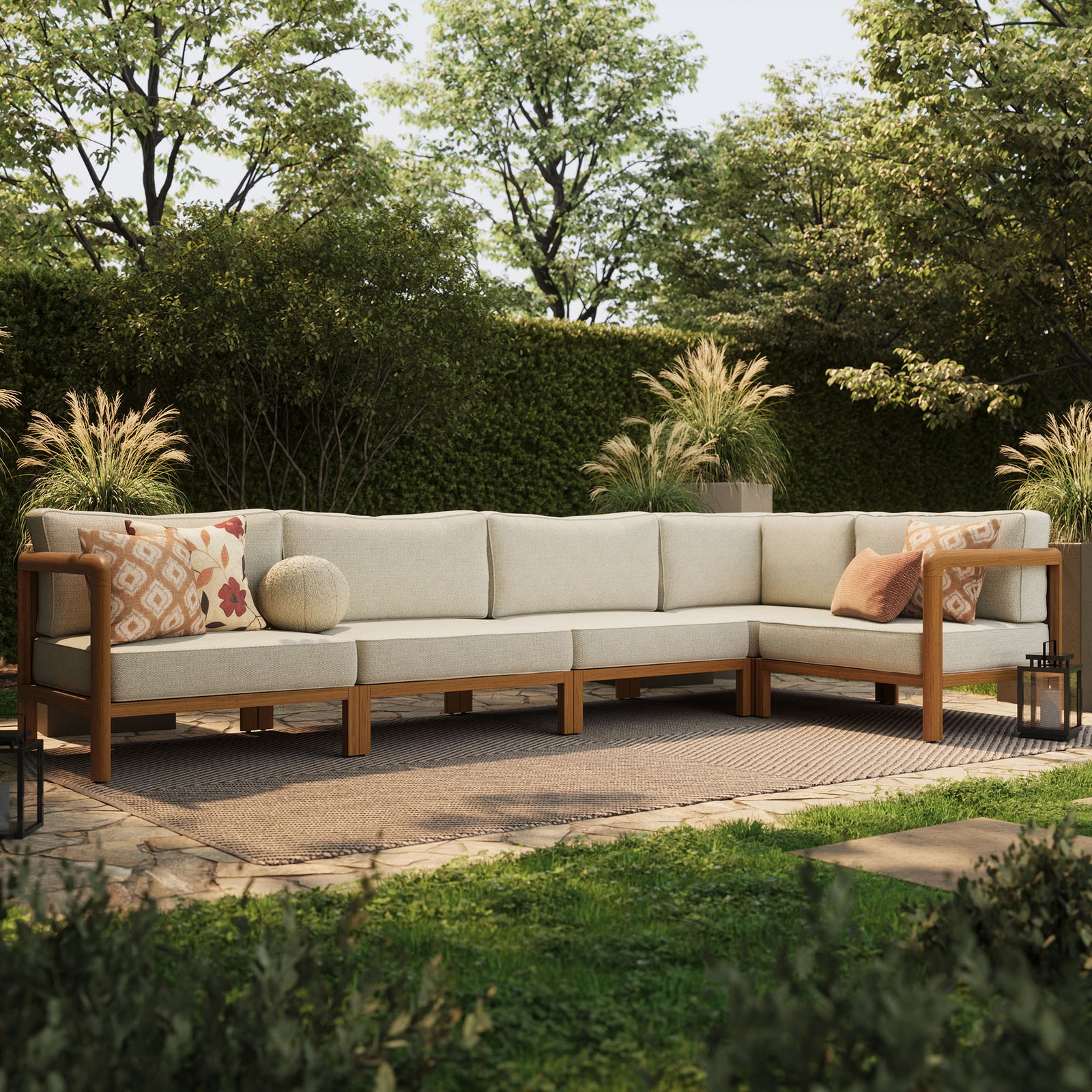Kona L-Shaped Outdoor Patio Teak Wood Modular Sofa by Modway