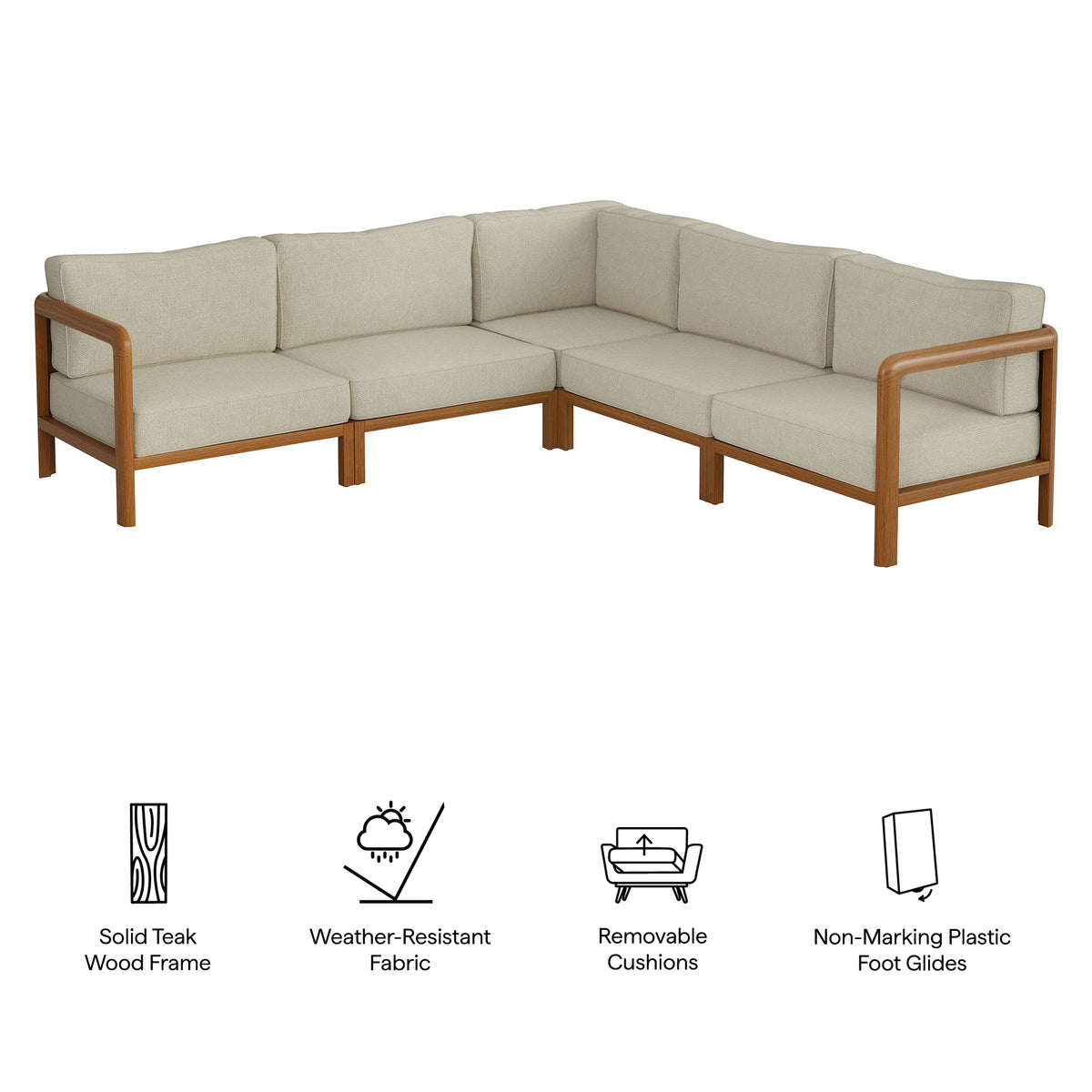 Kona 5-Piece Outdoor Patio Teak Wood Corner Modular Sofa by Modway