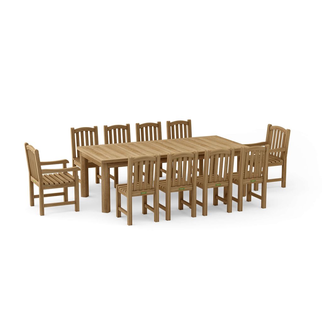 Wooden dining table with eight matching chairs on a white background