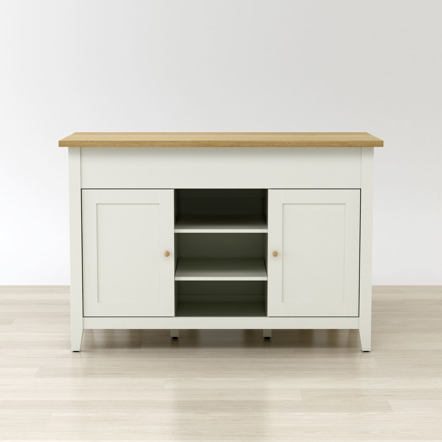 White sideboard with wooden top on a light wood floor