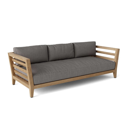 Wooden sofa with gray cushions on a white background