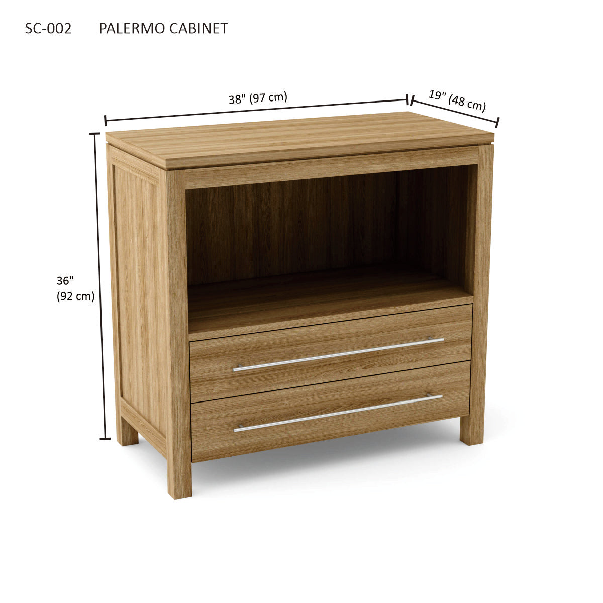 Wooden cabinet with dimensions labeled on a white background