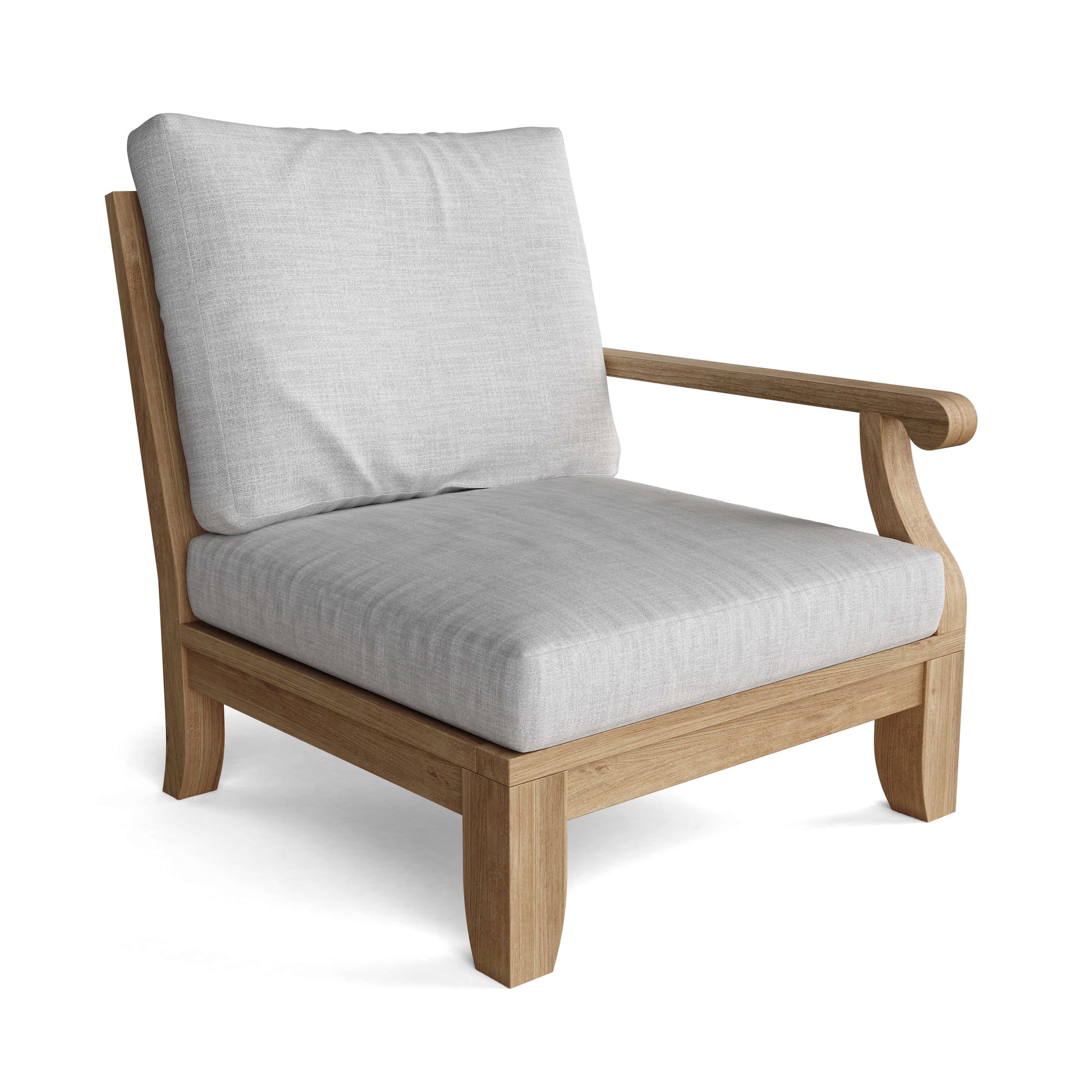 Wooden armchair with light gray cushions on a white background
