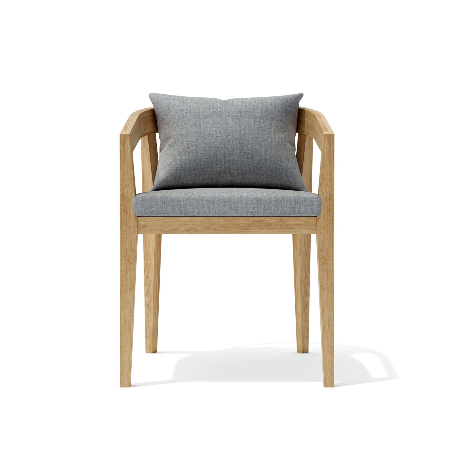 Chair with wooden frame and gray cushion on a white background