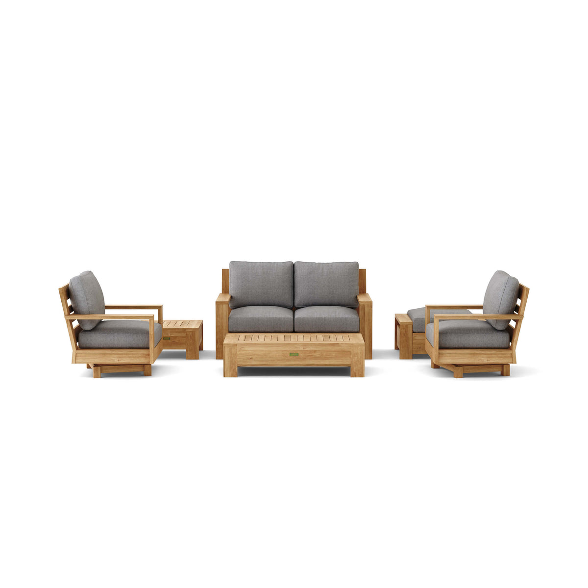 Outdoor furniture set with wooden frames and gray cushions on a white background