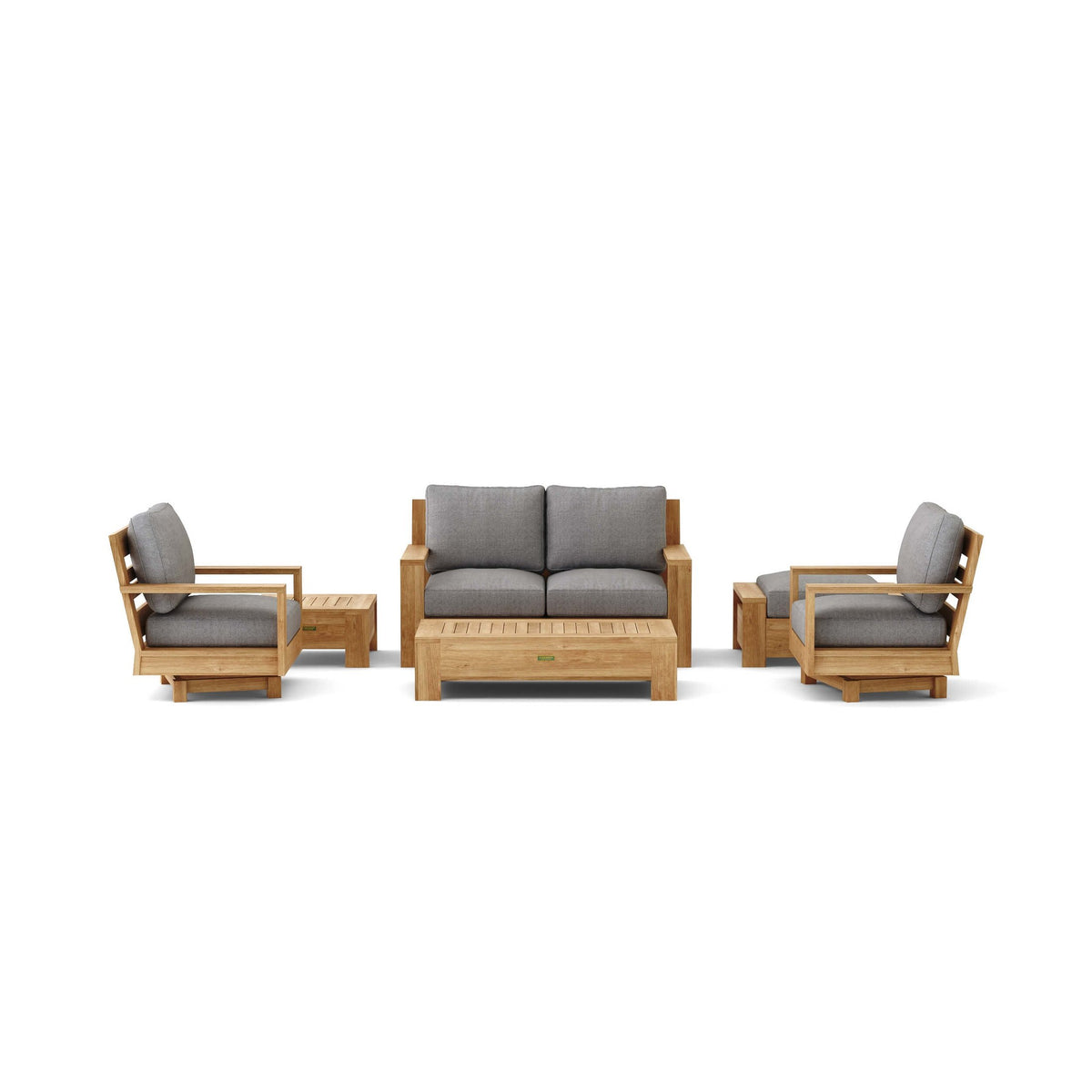 Outdoor furniture set with wooden frames and gray cushions on a white background