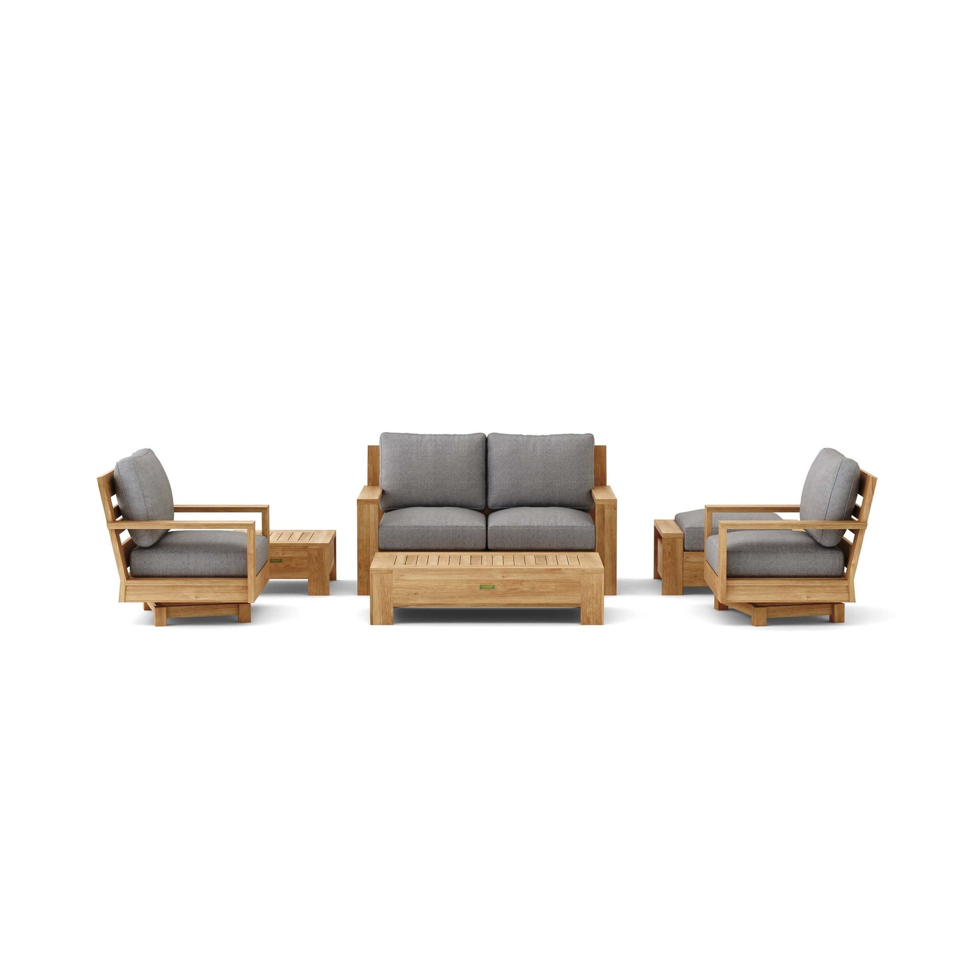 Outdoor furniture set with wooden frames and gray cushions on a white background